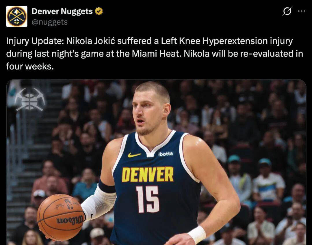 确认！膝盖过度伸展，NBA头号巨星约基奇受伤倒地